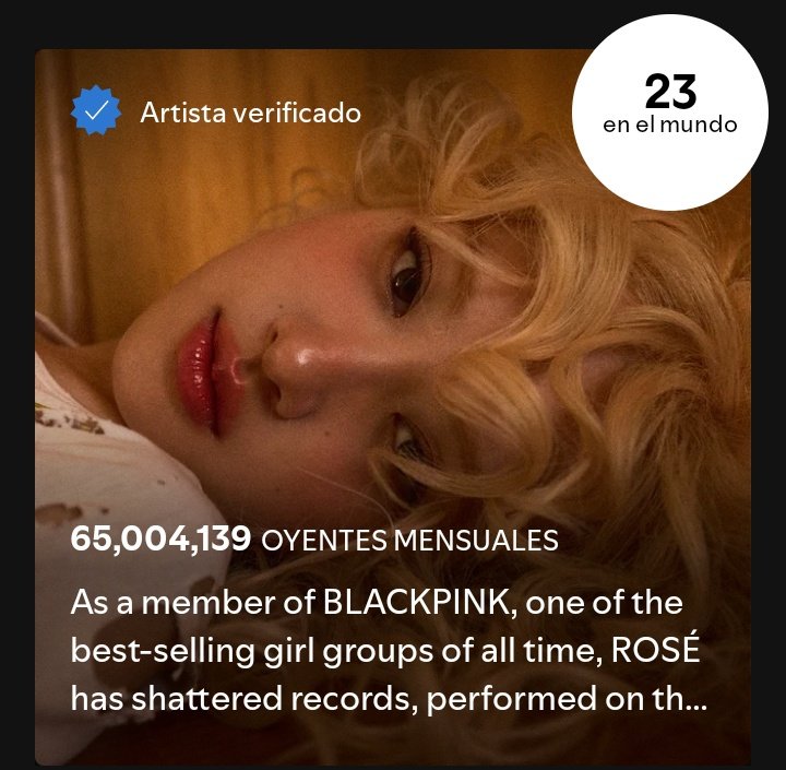 LalisaTay_1327's tweet photo. ROSÉ ha superado los 65 Millones de oyentes mensuales en Spotify y de convierte en el PRIMER y ÚNICO acto de K-Pop en lograrlo 

OMGGGG ROSÉ 🔥 https://t.co/5YesnBnsM9