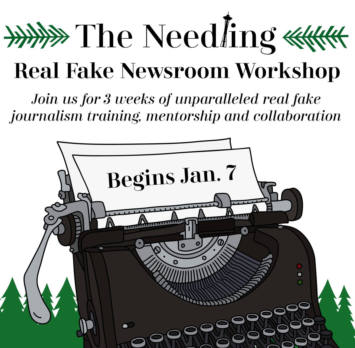 TheNeedling's tweet photo. Learn how to find real fake news scoops and write them up in a fun and collaborative way with real fake newsroom colleagues. (Then maybe get drinks after in the Ballard Brewery District). Join us! https://t.co/52CSiJ33zw https://t.co/qDjmxzdF3j