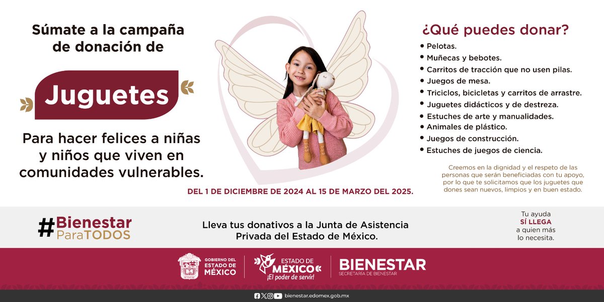 AmbienteEdomex's tweet image. Regala alegría, cambia vidas; con tu donación de juguetes llenas corazones de ilusión. Llama al 722 277 72 90 y 722 277 72 91 ext. 117 o envía un correo a asistencia.privada@edomex.gob.mx
#DonarEsAmor con @JAP_EdoMex 
#BienestarParaTodos