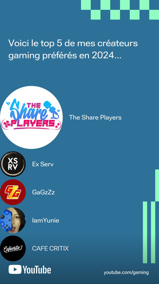 victauri's tweet image. Voici mon #YouTubeGamingRecap 2024 ! Découvrez le vôtre sur youtube.com/gaming
Que des bons @cRiTiXorg  @TheSharePlayers @GaGzZzYT @YunieIam et notre exserv national bien-sûr !!!✌🏽