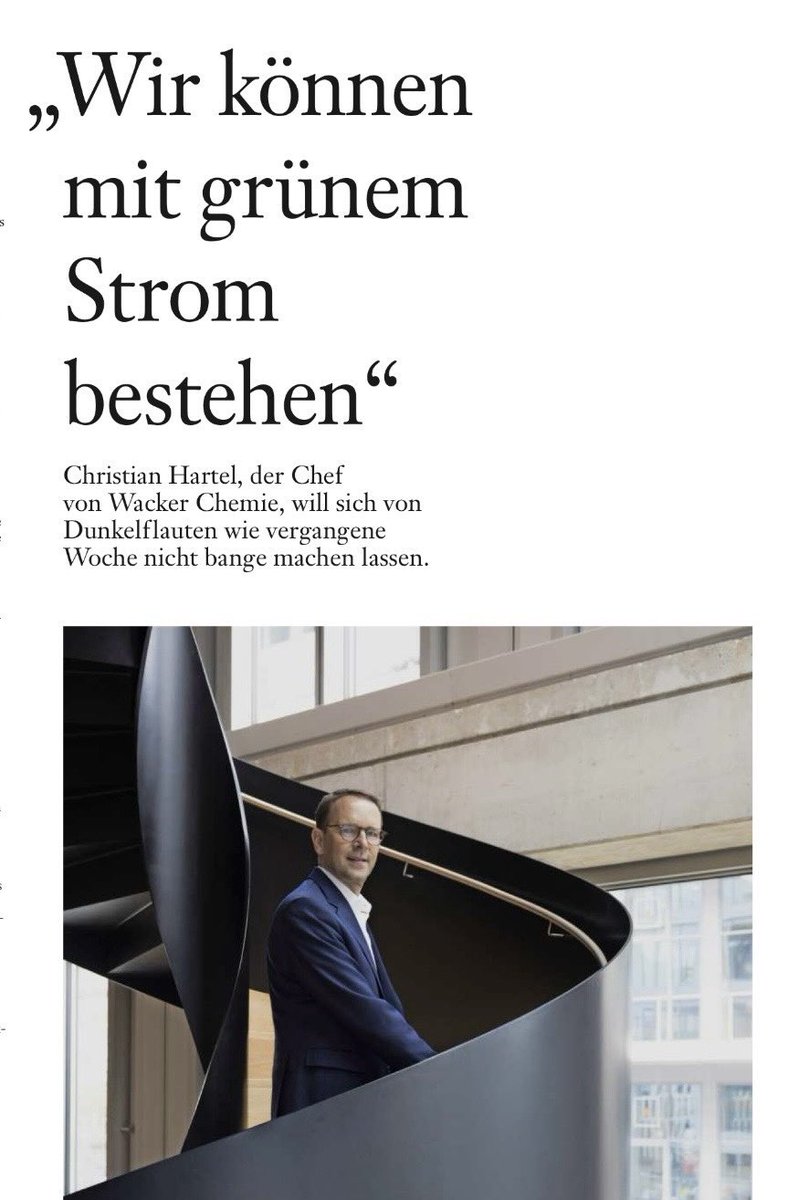 Klaus_Mueller's tweet photo. Tipp: @faznet Interview mit @wackerchemie Chef: „Uns hat das #Strompreis-Hoch allerdings nicht allzu sehr getroffen, weil wir vorgesorgt haben (…) In Zeiten, in denen der Strom besonders teuer ist, können wir die Produktion in begrenztem Umfang anpassen.“
https://t.co/Sa3ajRMbLW https://t.co/tb86YiqM9t