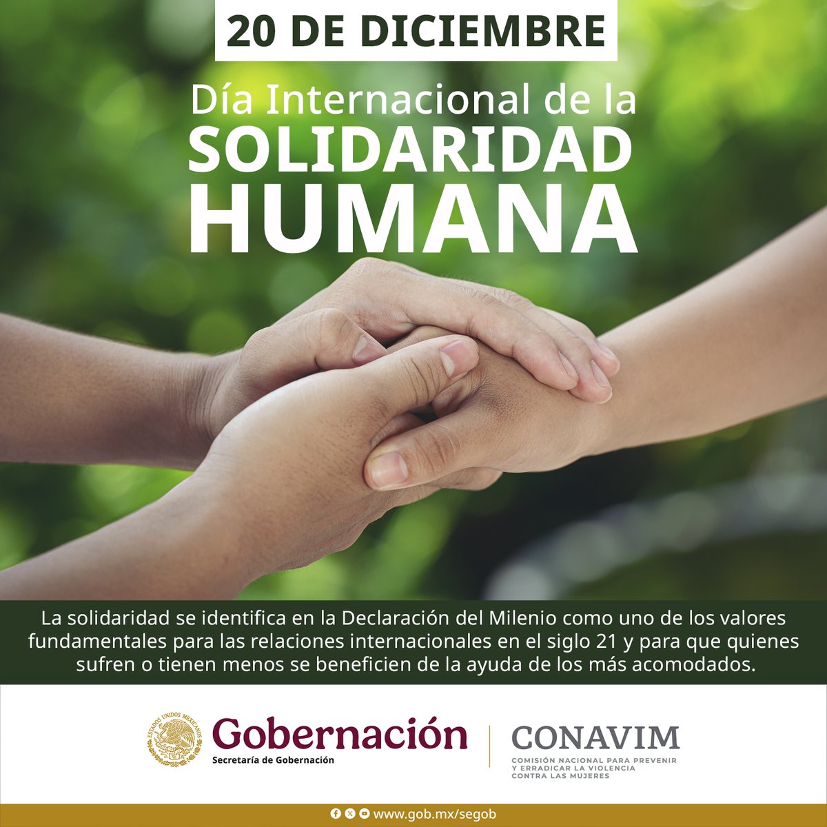 La solidaridad es uno de los valores fundamentales y universales en que deberían basarse las relaciones entre los pueblos en el siglo XXI. Por ese motivo, la Asamblea General decidió proclamar el 20 de diciembre de cada año #DíaInternacionalDeLaSolidaridadHumana.