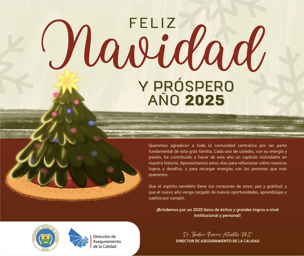 🎄✨¡Feliz Navidad y próspero Año Nuevo! 🎉
Gracias a nuestra comunidad universitaria por su dedicación. Que estas fiestas estén llenas de amor y alegría. 
¡Por un 2025 lleno de oportunidades! 🌟 
#Navidad2024 #AñoNuevo2025 #UCE #UCentral #EstudiantesUCE #DocentesUCE
