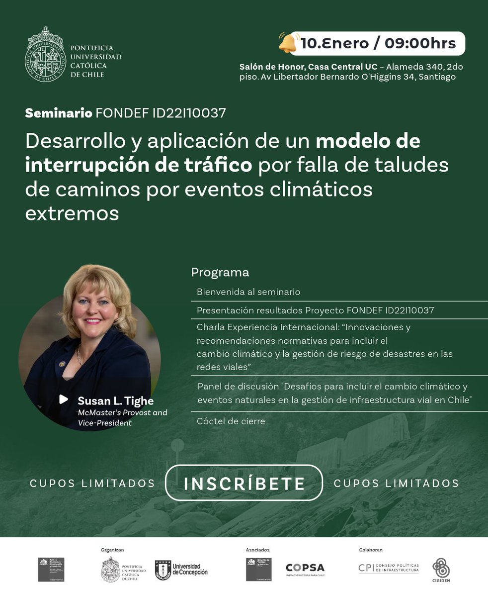 🌧️🛤️ forms.office.com/r/0JxDU6y7CE?o… Susan L. Tighe. 🗓️ 10 de enero, 09:00 hrs, Salón de Honor, Casa Central UC, Santiago. ¡Cupos limitados! 🔗 Inscripción en nuestro perfil. #CambioClimático #InfraestructuraVial #SeminarioUC