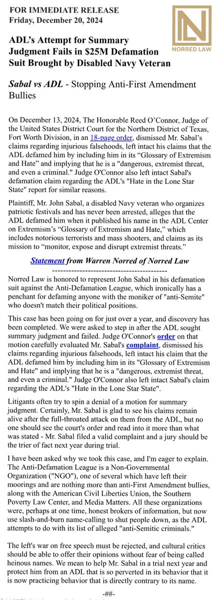 TPV_John's tweet image. BREAKING UPDATE IN MY $25M DEFAMATION LAWSUIT AGAINST THE ADL: ND TEXAS JUDGE RULES ADL SUMMARY JUDGMENT FAILS, WILL GO TO TRIAL! 🚨🚨🚨

SABAL vs ADL - Stopping Anti-First Amendment Bullies

“On December 13, 2024, The Honorable Reed O&apos;Connor, Judge of the United States District…