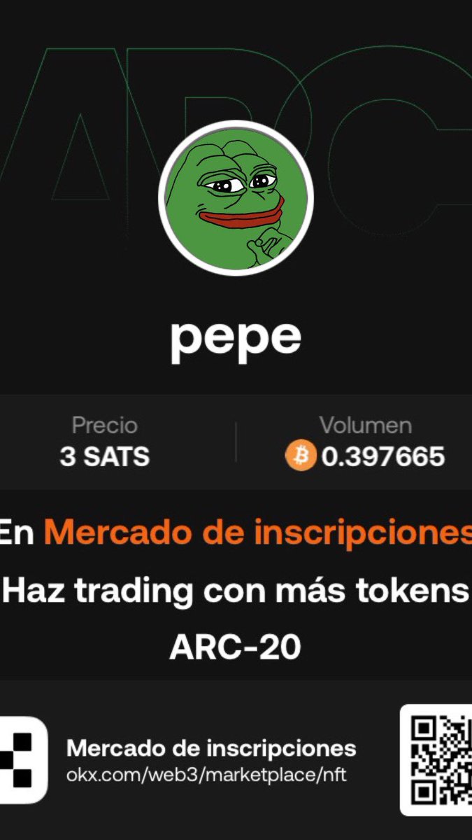 La meme más memeable está disponible ahora en ARC20 @pepe_arc20  
Colorea tu Wallet con #pepe_arc20 disponible ahora en #OKXWallet #OKXWEB3 

#pepe_arc20 ##bitcoin #arc20 #atomicals #BTC 

okx.com/ul/hyqPFcu
