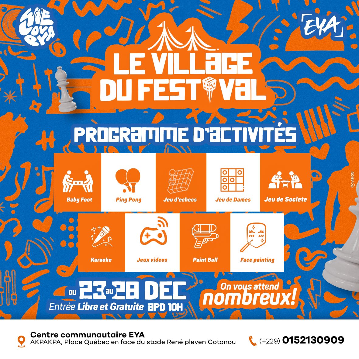 🎉 Le village du festival WeLovEya débarque !

Une semaine de pur bonheur vous attend au Centre Communautaire EYA :

✨ Jeux-concours interactifs
🎧 Ambiance DJ explosive
📸 Souvenirs des éditions passées

🎟️ : Entrée libre et gratuite.
——
#WeLovEya #EyaCenter #festivalvibes