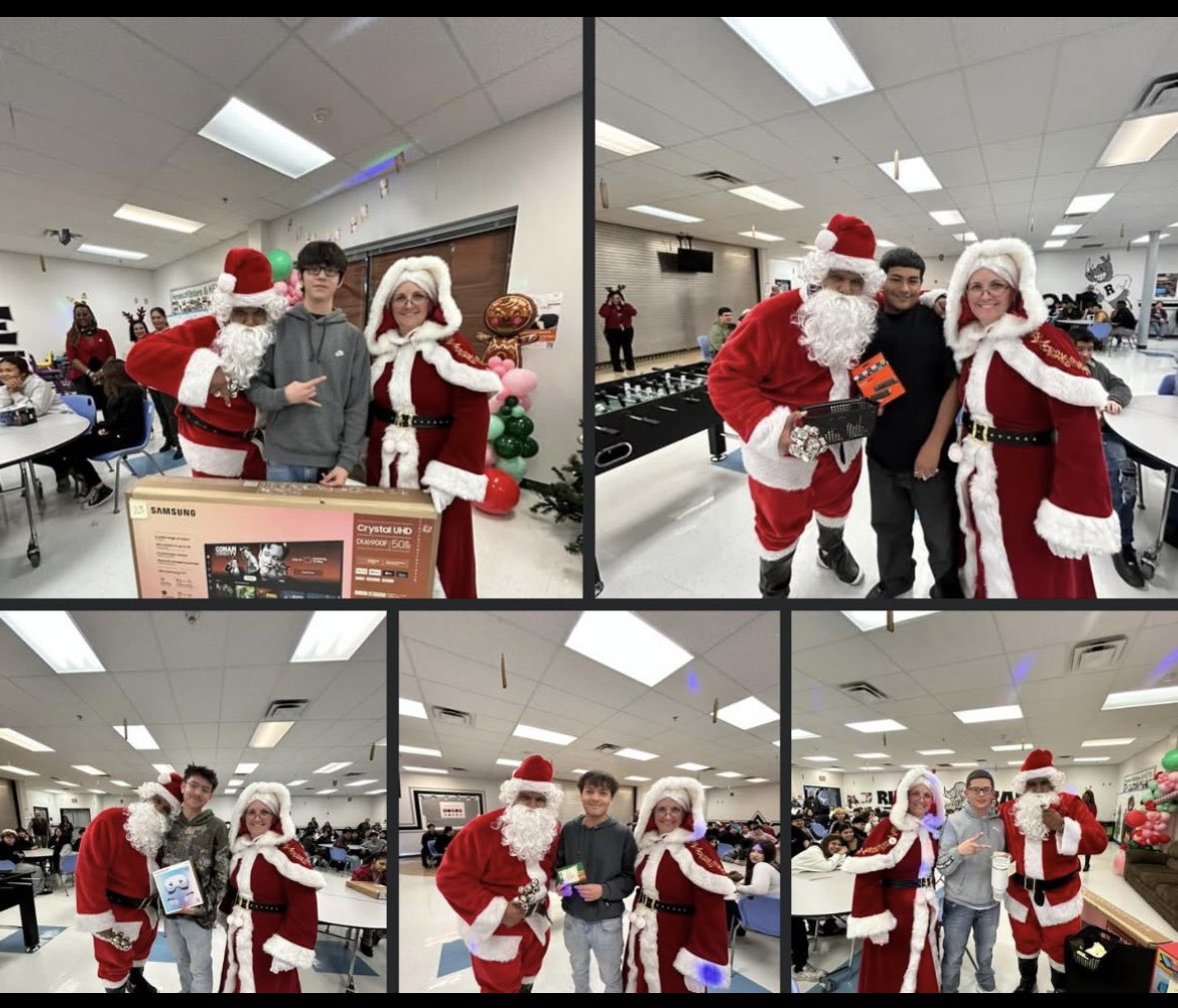 OptionsHS_SISD's tweet image. Happy Holidays from our family to yours! Today Santa and Mrs. Clause celebrated our students being #AllInForAttendance with some awesome gifts! #TeamSISD