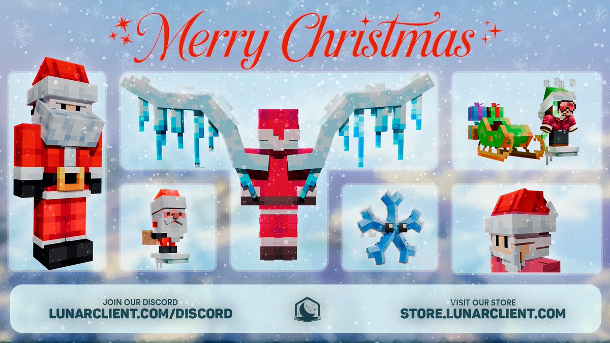 🎄 New Christmas Collection is here! 🎄

Check out our latest Cloaks, Wings, Pets, &amp; Suits at store.lunarclient.com 🎅

Like + Follow for a chance to win cosmetics from our Christmas Collection! 🎁