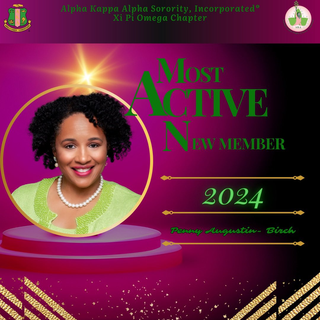XiPiOmegaAKA's tweet photo. Congratulations to Soror Penny Augustin-Birch, Xi Pi Omega’s 2024 Most Active New Member! 

Your dedication, passion, and commitment to service and sisterhood inspire us all. Thank you for strengthening the ivy vine! 🩷💚

#XiPiOmega #ServiceToAllMankind #TUNEinSAR #RiseandSHINE https://t.co/Bx9zvgEtWH