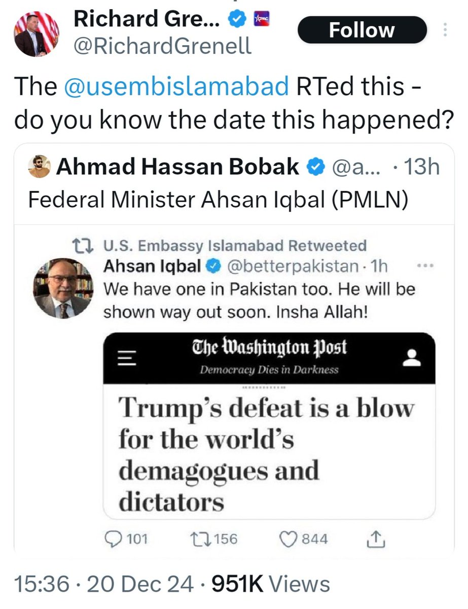 InsafPK's tweet photo. آپ احسن اقبال کی پوسٹ یا رچرڈ گرینل کے سوال پر ہی غور نہ کریں، آپ یہ دیکھیں کہ احسن اقبال نے یہ پوسٹ 10 نومبر 2020 کو کی تھی اور امریکی ایمبیسی نے ریٹویٹ کیا تھا- تاریخ پر غور کریں کیونکہ عمران خان حکومت کے خلاف سازش صرف سائفر کے آنے سے شروع نہیں ہوئی تھی، بلکہ پہلے سے کام شروع ہو چکا تھا-
#گولی_کیوں_چلائی  #سول_نافرمانی