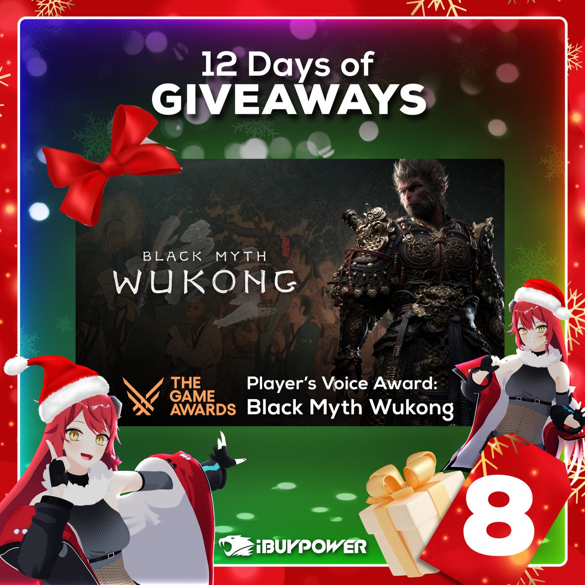 iBUYPOWER's tweet photo. For the 8th Day of Giveaways, we’re celebrating The Game Awards: Player’s Voice Award, by giving away a copy of Black Myth: Wukong! 💥

Enter to win now! #iBPHolidays 🎄 https://t.co/9EeASCnLOf https://t.co/Ug8E6THX47
