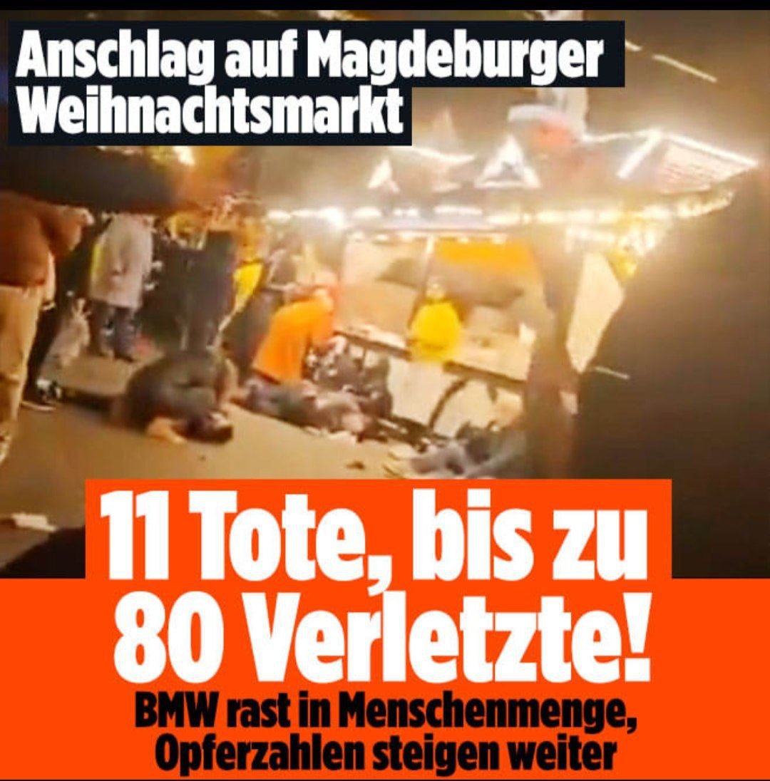 cyan_rk's tweet photo. Um 19.04 Uhr begann das Grauen.
11 Tote, 80 Verletzte❗
Es wird wohl leider nicht bei der Anzahl der Todesopfer bleiben.
#Magdeburg #Terror #Anschlag #Merkel #CDU #Schrecklich #Remigration #Menschenmenge #Textbausteine https://t.co/GXwFWhWjwS