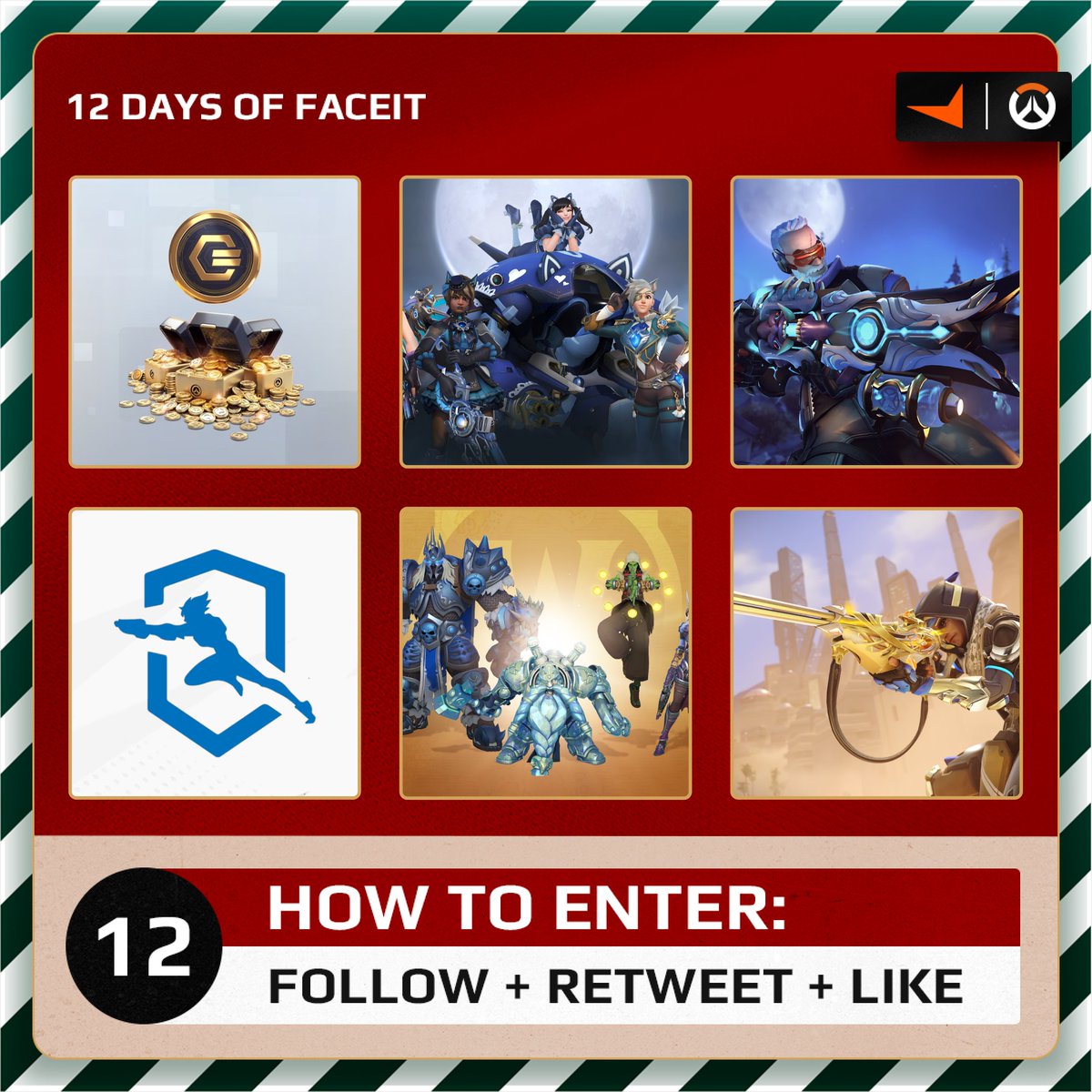 🎄 12 Days of FACEIT: Day #12

Enjoy our final #Overwatch2 giveaway of 2024!

To Enter: 
⭐ Follow, Retweet, and Like

Prizes:
🎁 2,000 Overwatch Coins
🎁 1,200 OWL Tokens
🎁 Black Cat Mega Bundle
🎁 WoW Mega Bundle 
🎁 Soldier: 76 Mythic Weapon Skin
🎁 Ana Mythic Weapon Skin
