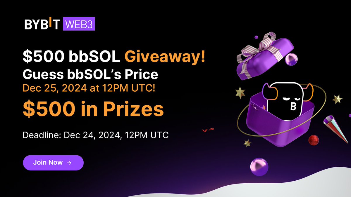 🎄bbSOL has $500 in Christmas gifts!

Guess bbSOL’s price on Dec 25, 2024 at 12pm UTC to win $20!

✅ Follow us
✅ Retweet
✅ Comment your Bybit UID + price guess

25 winners, closest guesses win! Hurry—entries close Dec 24, 2024.