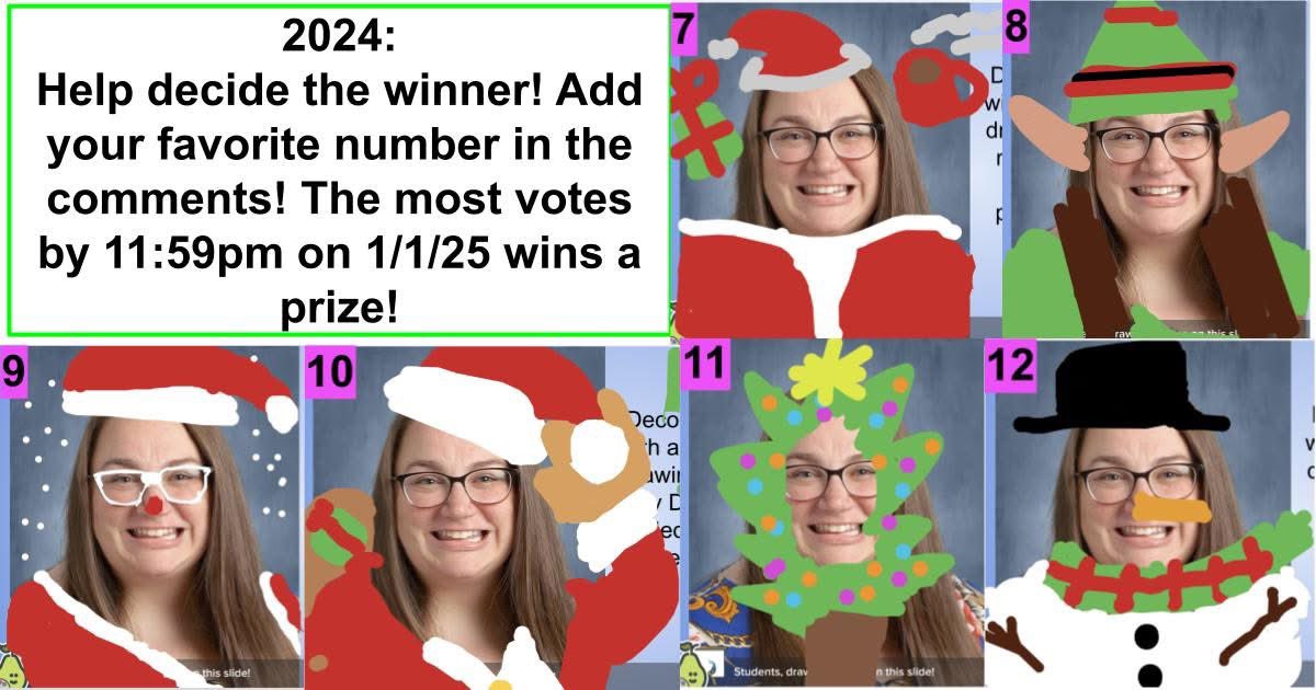 🎉 MRS. AUGUSTINE'S FACE SHOWDOWN 2024! 🎄 5th graders "defaced" my school picture with wintery &amp; holiday looks 😂 Now, it's YOUR turn to decide the winner!

Cast your vote by commenting with the number of your favorite look! Voting closes Jan 1st at 11:59pm ⏰