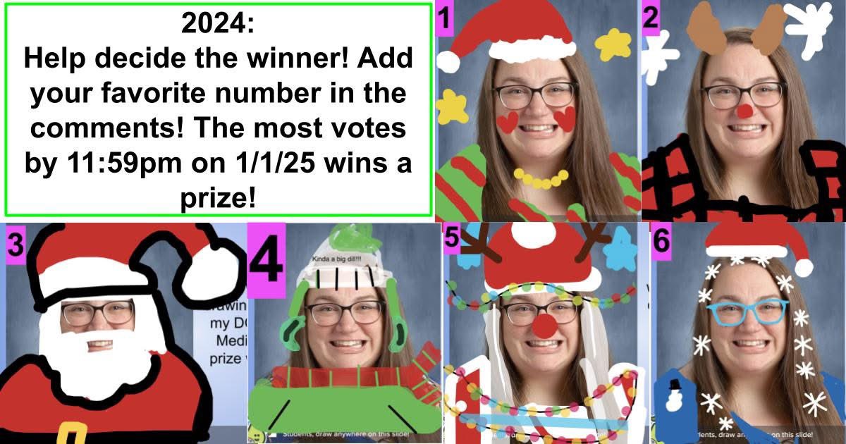 DCGMSMusic's tweet photo. 🎉 MRS. AUGUSTINE'S FACE SHOWDOWN 2024! 🎄 5th graders "defaced" my school picture with wintery &amp; holiday looks 😂 Now, it's YOUR turn to decide the winner!

Cast your vote by commenting with the number of your favorite look! Voting closes Jan 1st at 11:59pm ⏰ https://t.co/q7wa8cf24b