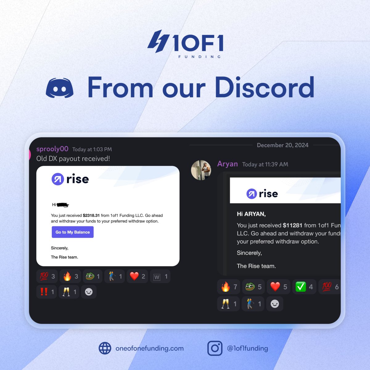 Check out some of our most recent payouts shared in our Discord!🤑

#1of1Funding #PropFirms