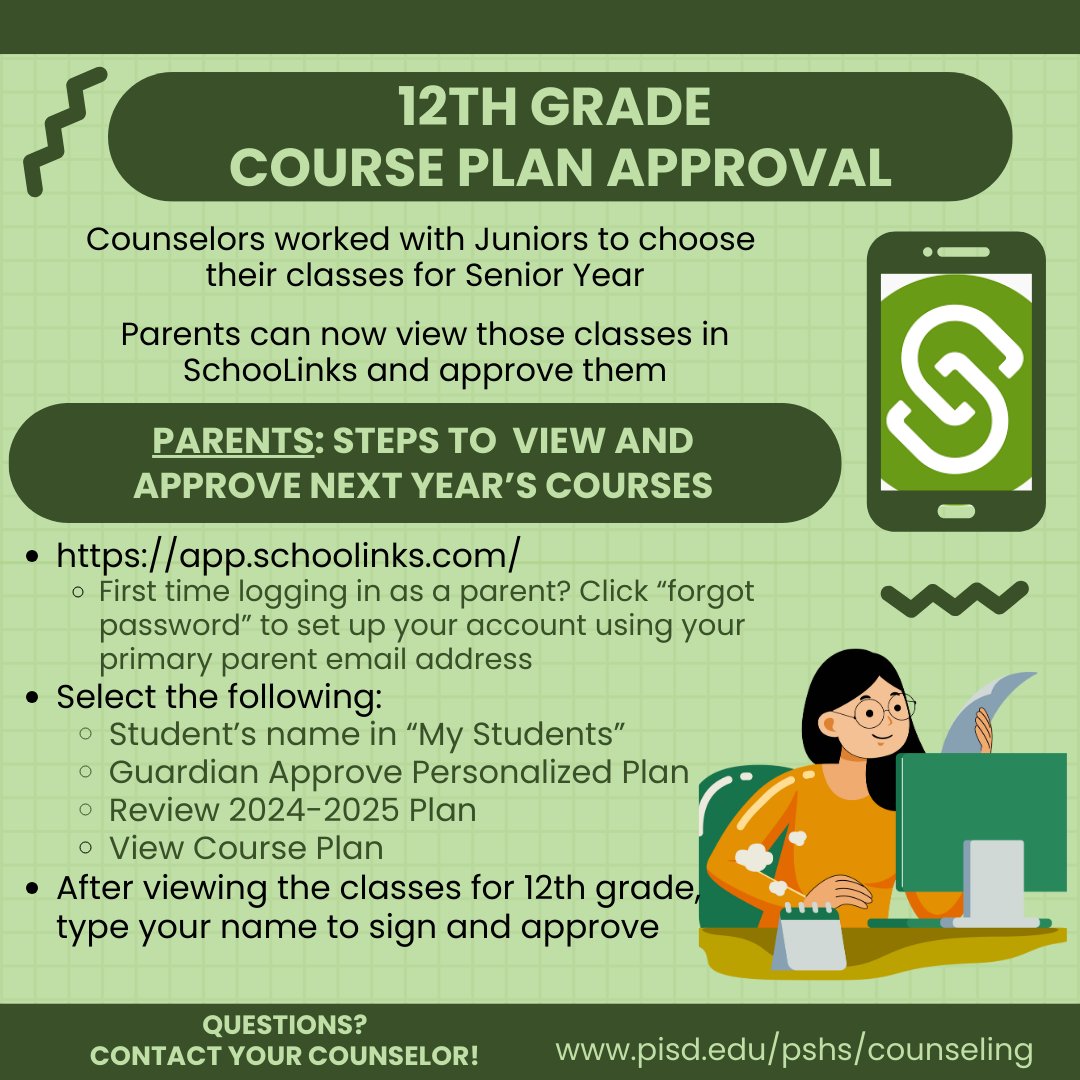 Junior Parents- The course selection process is complete. Please log in to SchooLinks to view and approve the courses your student chose for Senior Year!