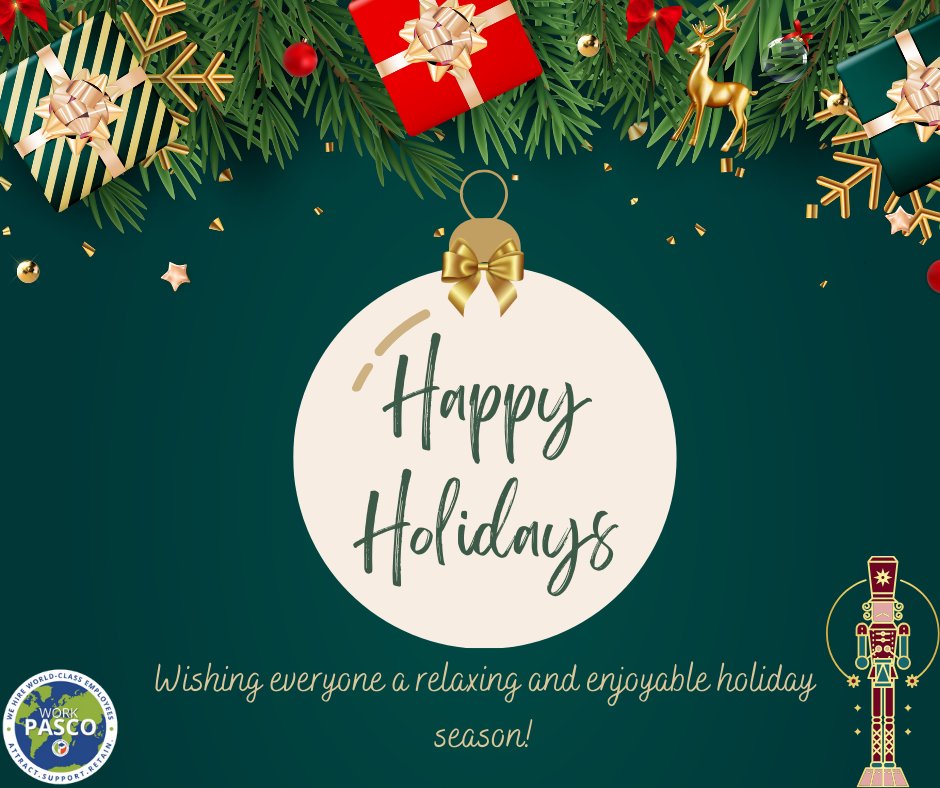 As a reminder, Pasco County Schools will be closed from Monday, December 23rd, 2024 through Friday, January 3rd, 2025. The District and schools will reopen on Monday, January 6th, 2025.

We hope everyone has a relaxing and enjoyable holiday season!