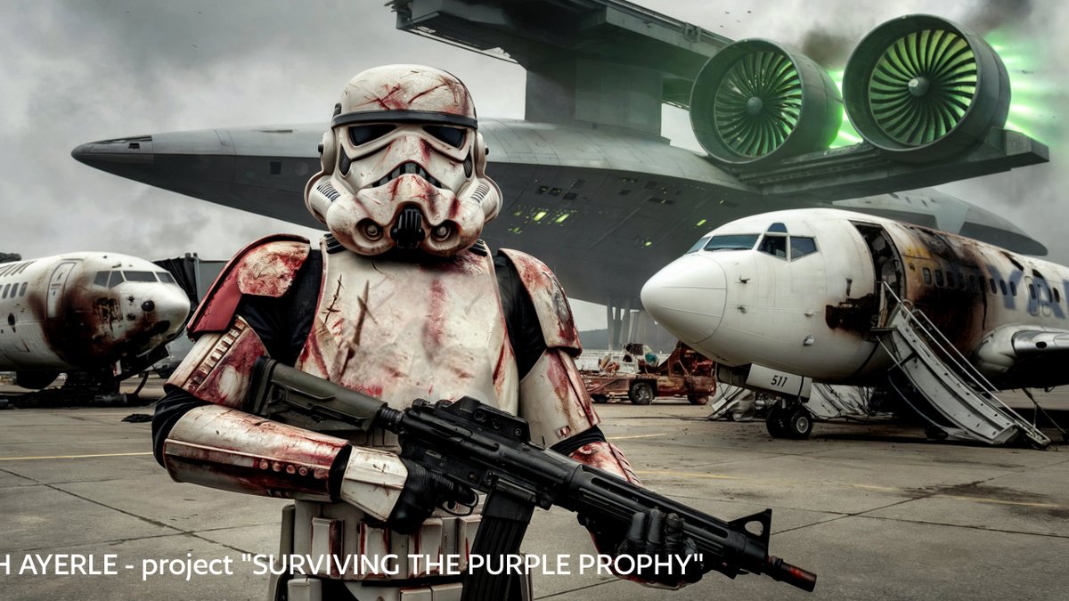 JosephAyerle's tweet photo. a snapshot of my "Purple Prophecy" #artproject, running since 2017, an #alieninvasion  in #Italy : here a #stormtrooper at #Milanoairport // i added a updated version on my youtube channel. https://t.co/ca4r46mPmw