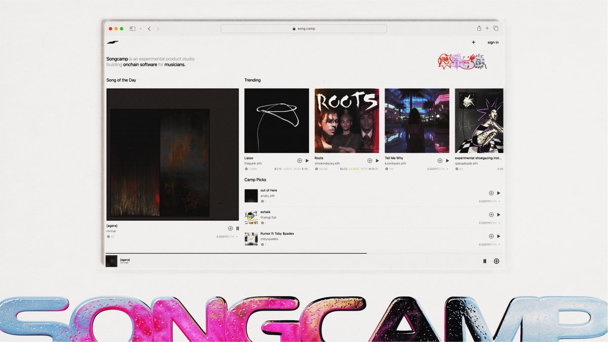 <a href="/base/">Base</a> <a href="/zora/">$zora</a> <a href="/surrealapp/">Surreal</a> <a href="/interfacedapp/">Interface</a> <a href="/dexscreener/">DEX Screener</a> <a href="/GeckoTerminal/">GeckoTerminal</a> Here's what's new on Songcamp:

⇢ Desktop version unlocked!
⇢ Fresh homepage
⇢ Fresh song pages
⇢ Secondary swap widget
⇢ More mint stats