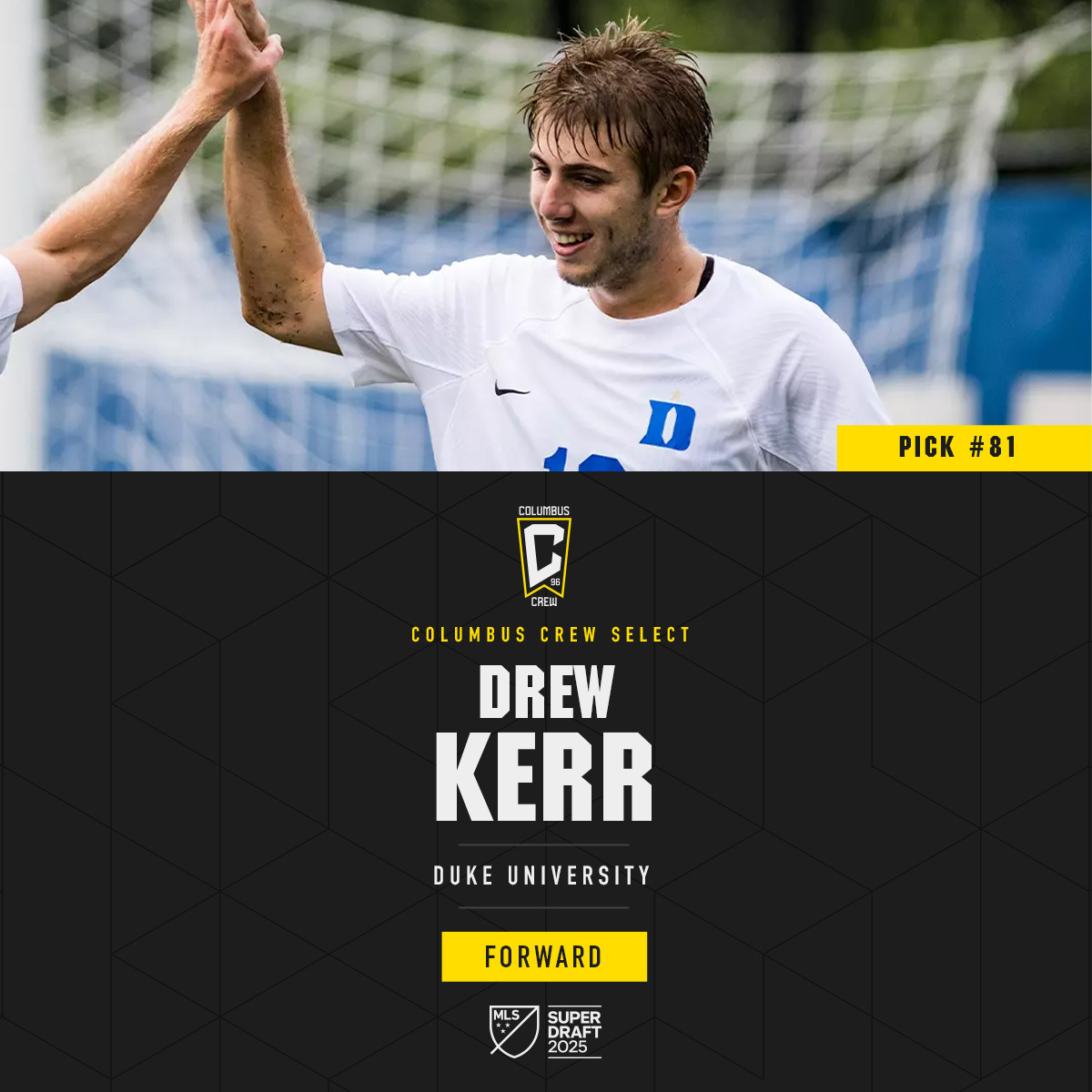 Blue Devils ➡️ Black &amp; Gold 🖤💛

With the 81st pick of the 2025 MLS SuperDraft, the Crew select forward Drew Kerr.