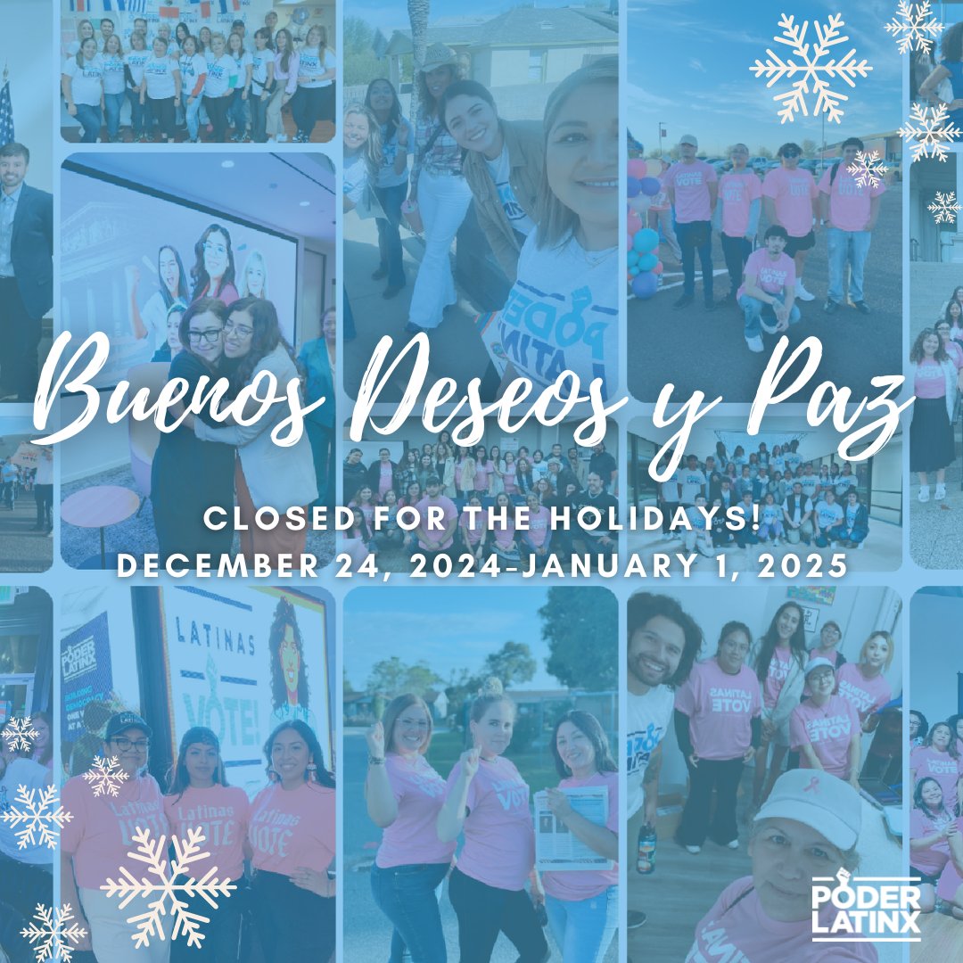 PoderLatinx's tweet image. 🎄✨ Closed for the Holidays ✨🎄

 #PoderLatinx will be closed from December 24, 2024, to January 1, 2025. We’ll be back on January 2, ready to continue building power and creating change together!

Wishing you and your loved ones a joyful and restful holiday season. 💚🎉

# ...