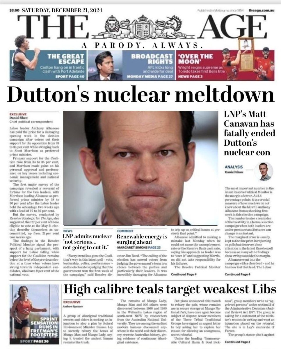BREAKING: Dutton's nuclear meltdown

LNP admits nuclear "not serious... not going to cut it."

A parody showing what a properly unbiased front page would look like, free of billionaire propaganda