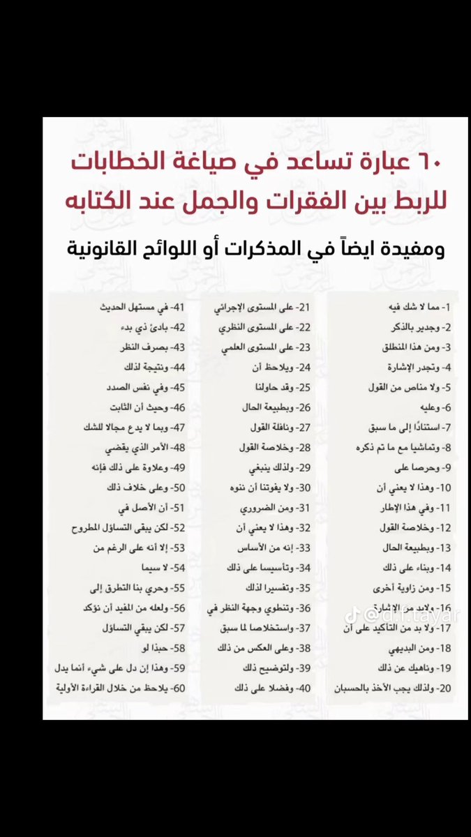 📍60 عبارة  تساعدك في صياغة الخطابات

-للربط بين الفقرات والجمل عند الكتابة.
