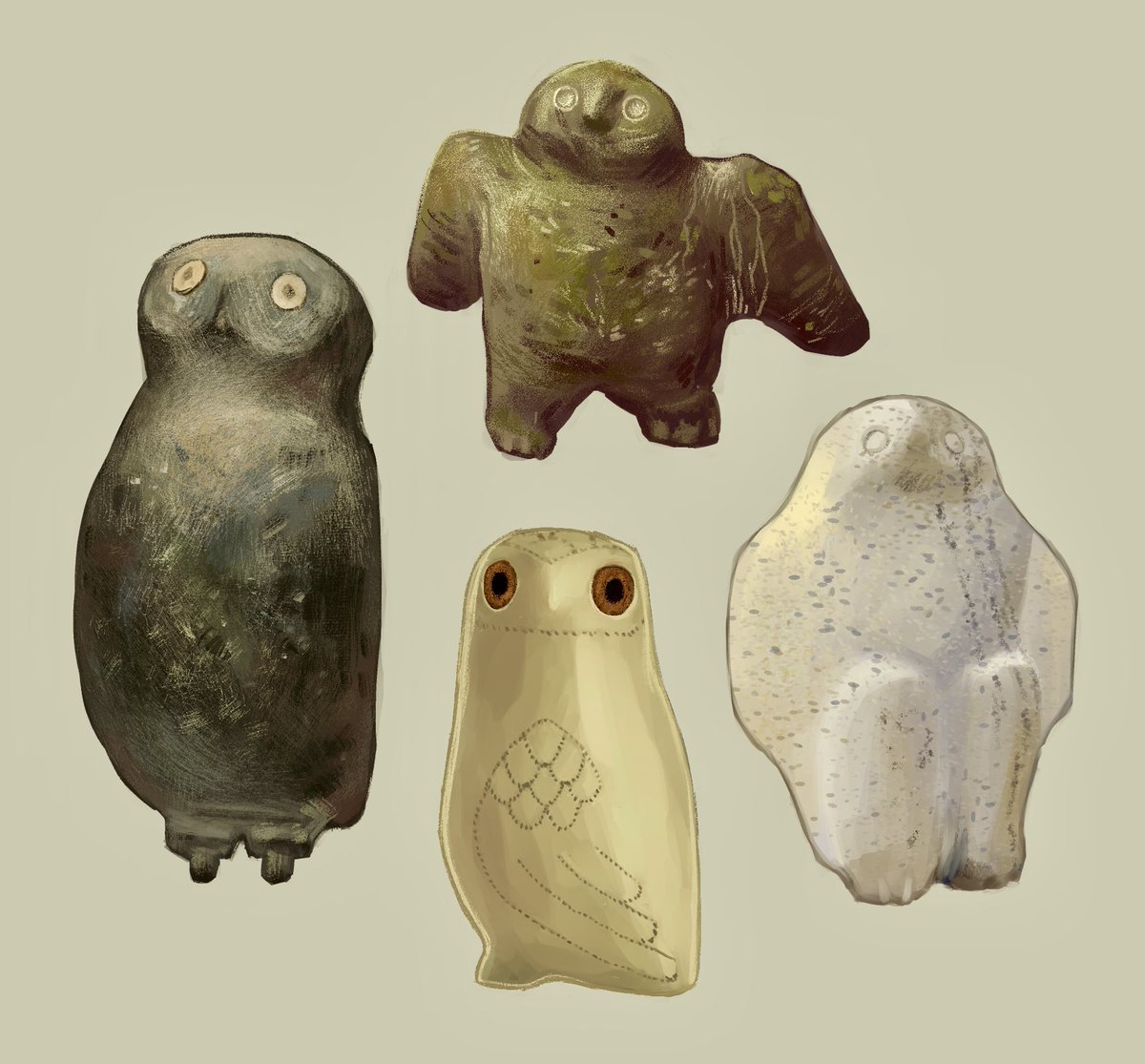sokolyat's tweet image. made some studies of Inuit and Yup’ik stone owl carvings