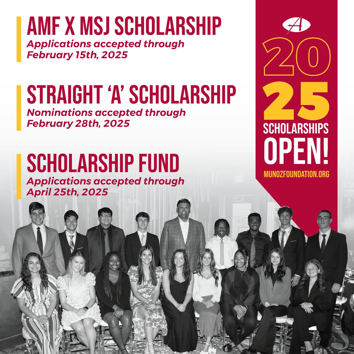 MunozFoundation's tweet image. AMF scholarships are officially OPEN! Last year, we awarded $166K in scholarships to devoted, hard-working students and we hope to award even more, this year. Learn more about AMF’s scholarship opportunities by visiting munozfoundation.org
#AMFStraightA #AMFScholar