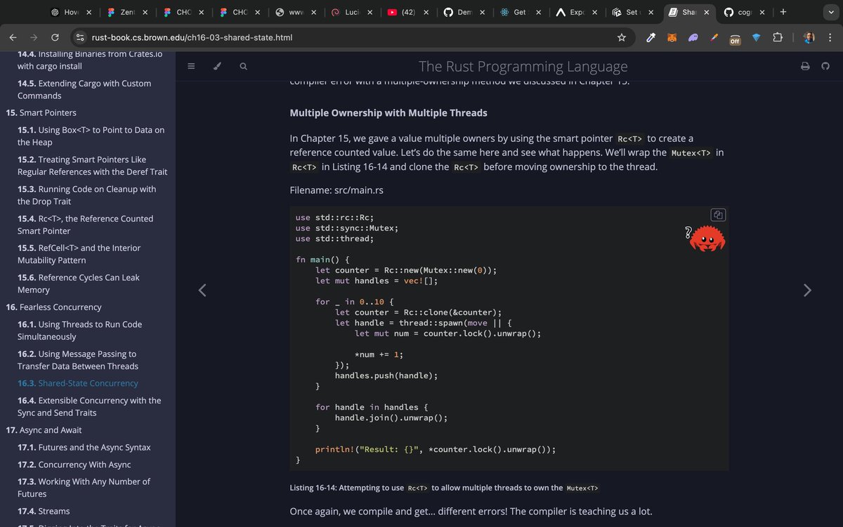 AlaDemjosh's tweet photo. Day 7️⃣ of my #30DaysRustChallenge
I learnt about Shared-state concurrency
Using Mutexes to allow access to data from one thread at a time and sharing between Multiple threads
It's all looking a little Rusty at the moment 😂
So I'm going to revise again from the beginning https://t.co/EbBSIWBaOz
