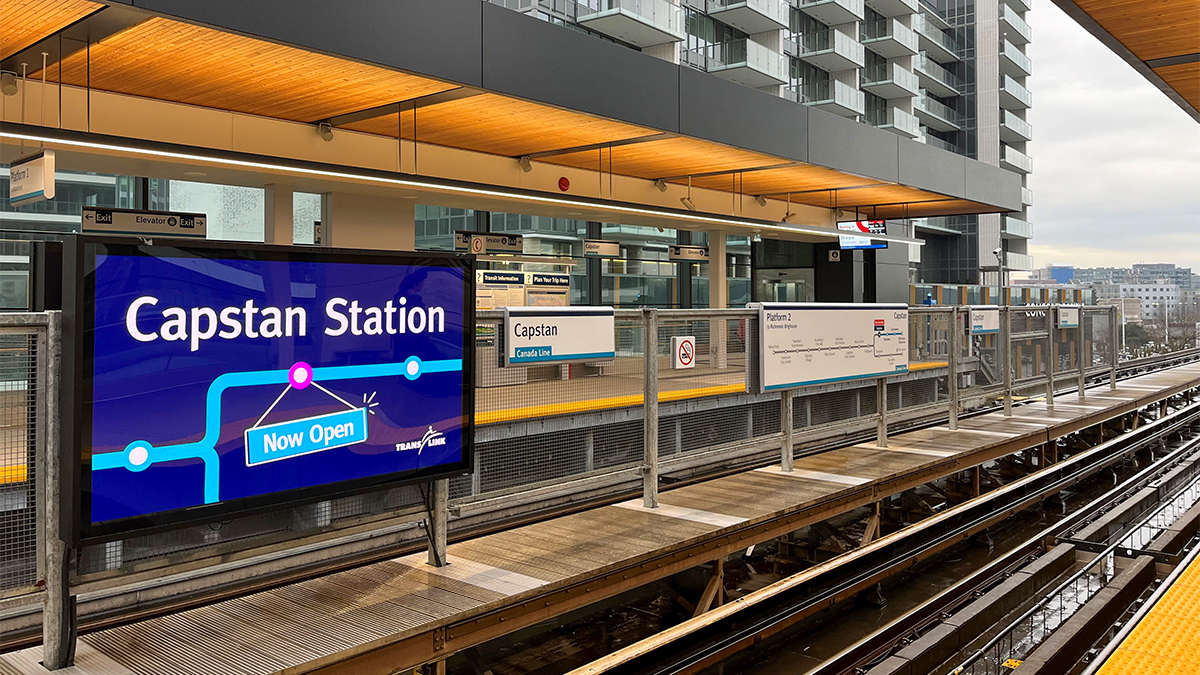 Capstan Station on the Canada Line is now open! 🚉✨ Bringing faster transit to Capstan Village, it features stunning art by Howie Tsui &amp; marks a sustainable future for 16,000+ residents. 

📍 Located between Aberdeen &amp; Bridgeport. 
#RichmondBC #CapstanStation