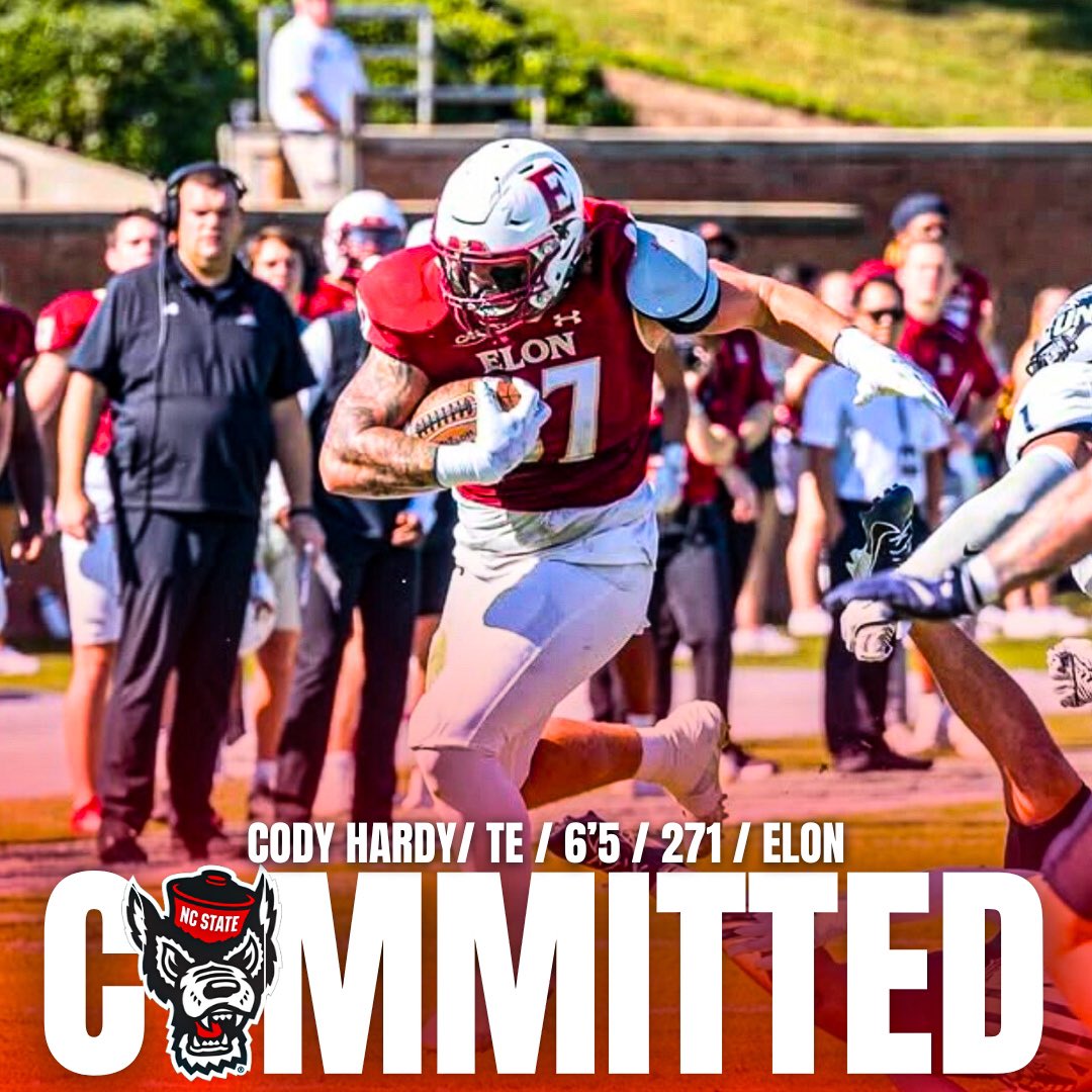 🚨 NC State has landed Elon transfer TE Cody Hardy!! 🚨

Hardy last season totaled 6 receptions for 36 yards and 1 TD. However, Hardy is more considered a blocking tight end!

He has one year of eligibility remaining and provides solid depth at the TE position!