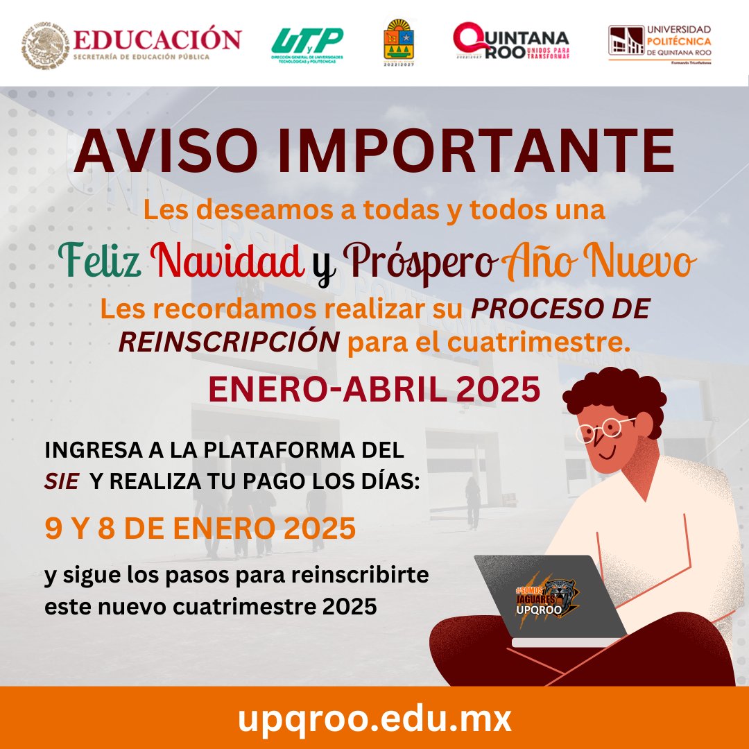 📙🖋REINSCRIPCIÓN CUATRIMESTRE ENERO-ABRIL 2025📙🖊

Les recordamos que ya esta disponible el proceso de Reinscripción para el cuatrimestre ENERO-ABRIL 2025, sigue los pasos descritos en el enlace a continuación:

drive.google.com/file/d/11BgzAH…

#FormandoTriunfadores