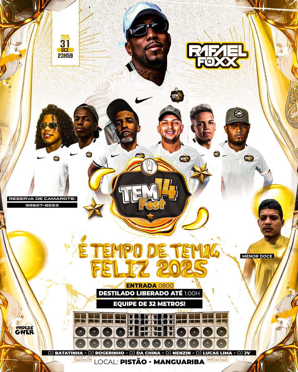 FLYER DE ANO NOVO OFICIAL NA PISTA❗️🎉

É Tempo de Tem14, Feliz 2025. 🎊

Baile de ano novo é aqui em Manguariba, os melhores Djs + Menor Doce + 32 metros de equipe. 

- Destilado Liberado até 01HR, reservas de camarote: 99827-8553