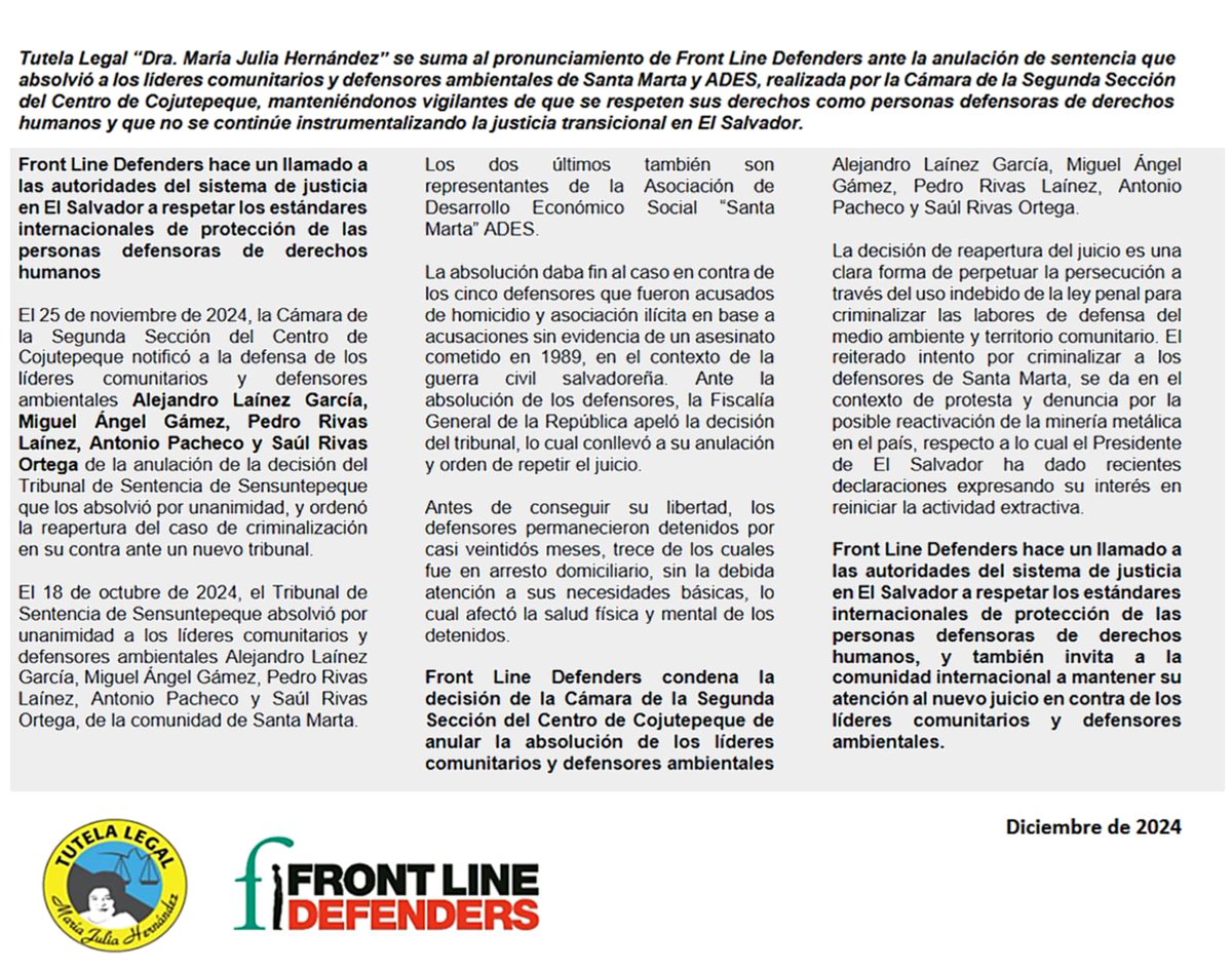 #ComunicadoOficial Como <a href="/TutelaLegalMJH/">Tutela Legal MaríaJH</a> nos sumamos al pronunciamiento de <a href="/FrontLineHRD/">Front Line Defenders</a> ante la anulación de la sentencia de absolución de los líderes ambientalistas del agua de ADES Santa Marta. Denunciamos la persecución judical contra los defensores de derechos humanos y que