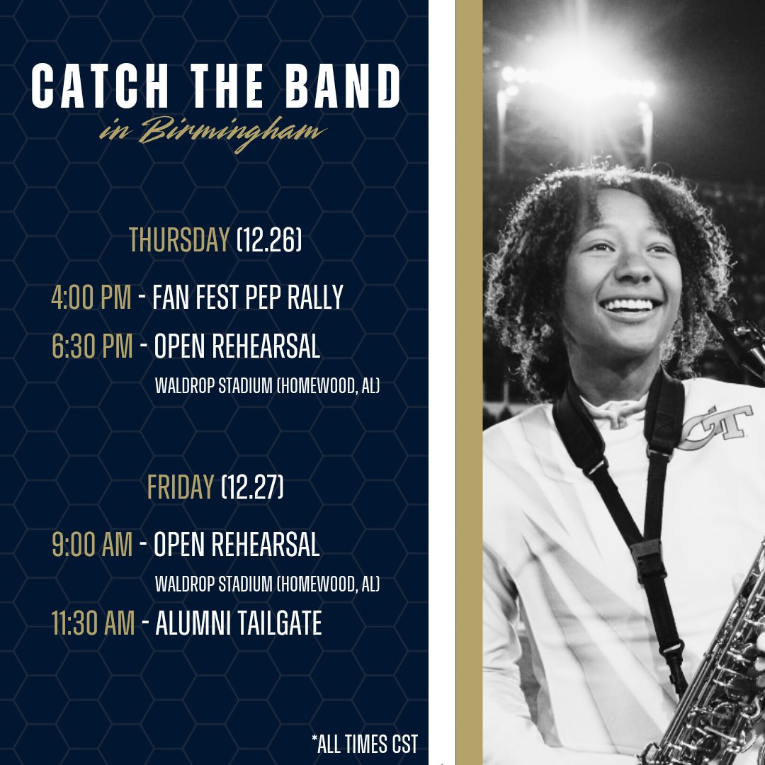 We’re just 1️⃣ week away from kickoff at the Birmingham Bowl! Here’s where to catch the band exclusively on Thursday and Friday. Rehearsals are open to all fans; spend an evening or morning with us! Please remember that all times are listed in CST, not EST.