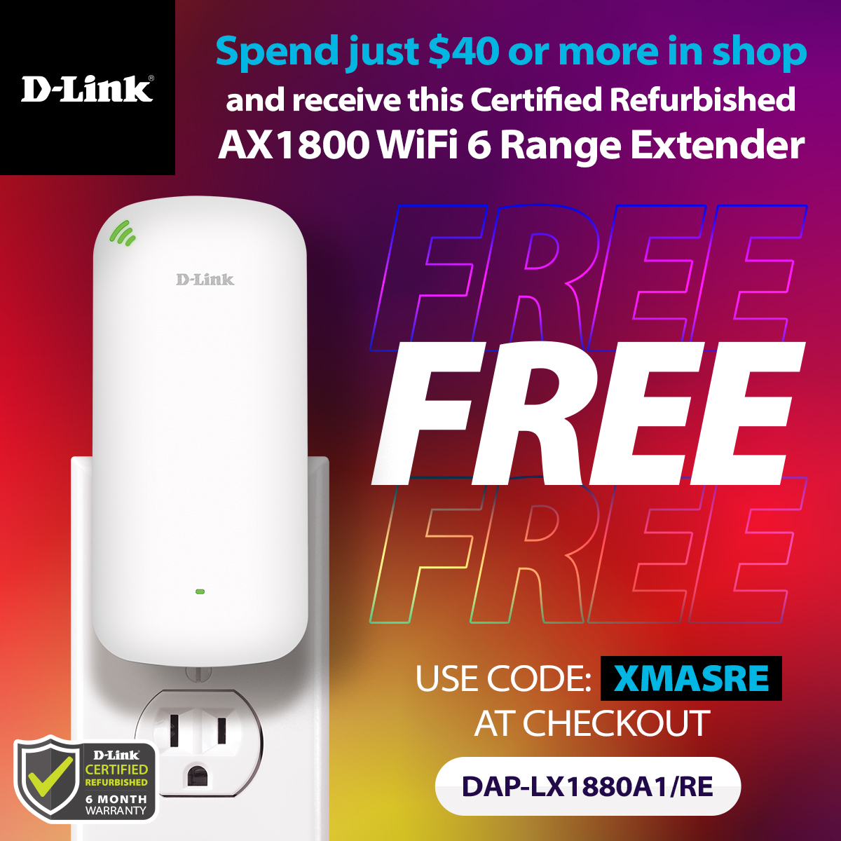 Dlink's tweet image. Say NO to dead zones!  Just spend $40 or more and receive a FREE Wi-Fi 6 Range Extender for a strong Wi-Fi connection all around your home. bit.ly/403voCS #wifiextender #WIFI #network