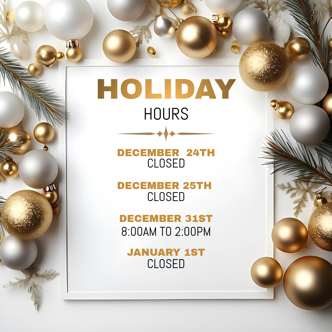 We will be closed Tuesday 12/24 and Wednesday 12/25 next week.  We'll also close early on 12/31 and be closed on 1/1.
Have a wonderful holiday!