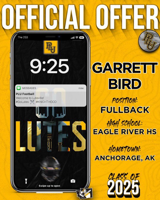 garrettbird21's tweet image. Blessed to be offered by THE @PLUFootball  💛🖤 Go Lutes! 

@SpencerCrace