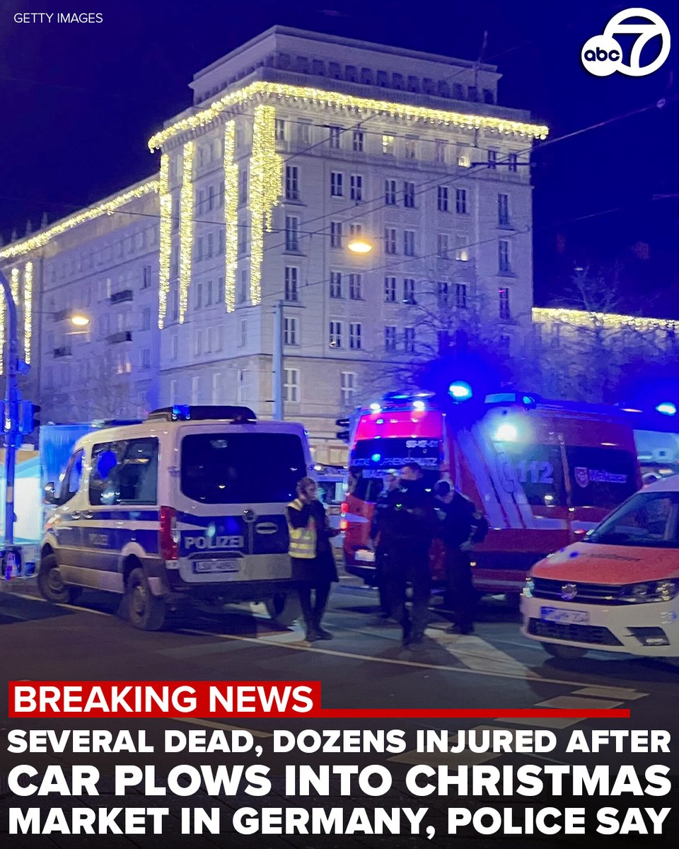 ABC7's tweet photo. UPDATE: Several people dead, approximately 60 injured after car plows into Christmas market in Germany, officials say; suspect arrested https://t.co/6vgZtiJY3G https://t.co/imvBpKklZB