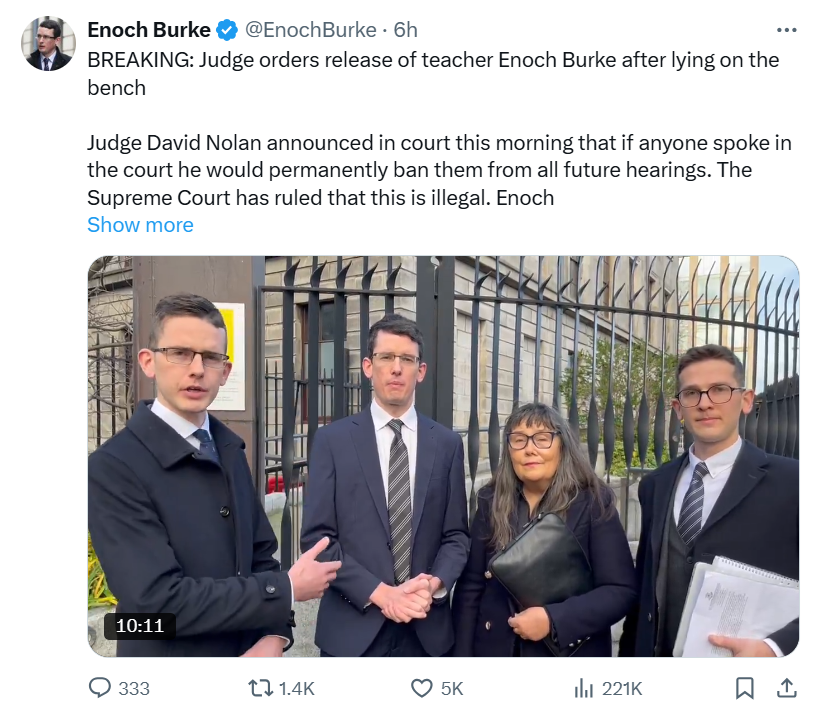 I'm probably wasting my time countering misinformation on Irish law from Enoch Burke and his family but I'll do it anyway. 🤣

Haven't got a clue what they're on about yet waffle on with the utmost confidence of people possessing a clue. 

A few facts on their latest video. /1