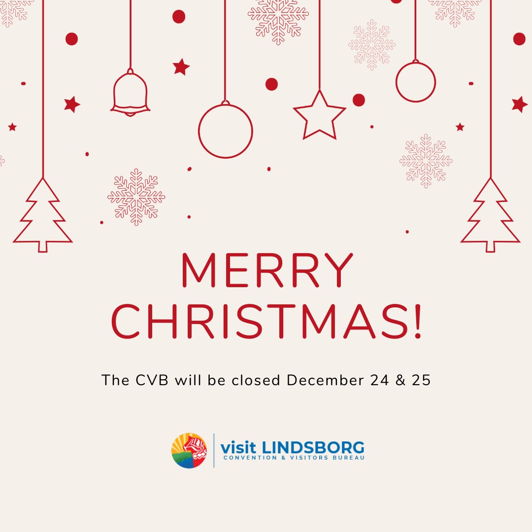 Merry Christmas to all! Thank you for sharing your smile and spirit! You help make Lindsborg bright.

The Lindsborg Convenetion and Visitors Bureau will be closed December 24 &amp; 25.
