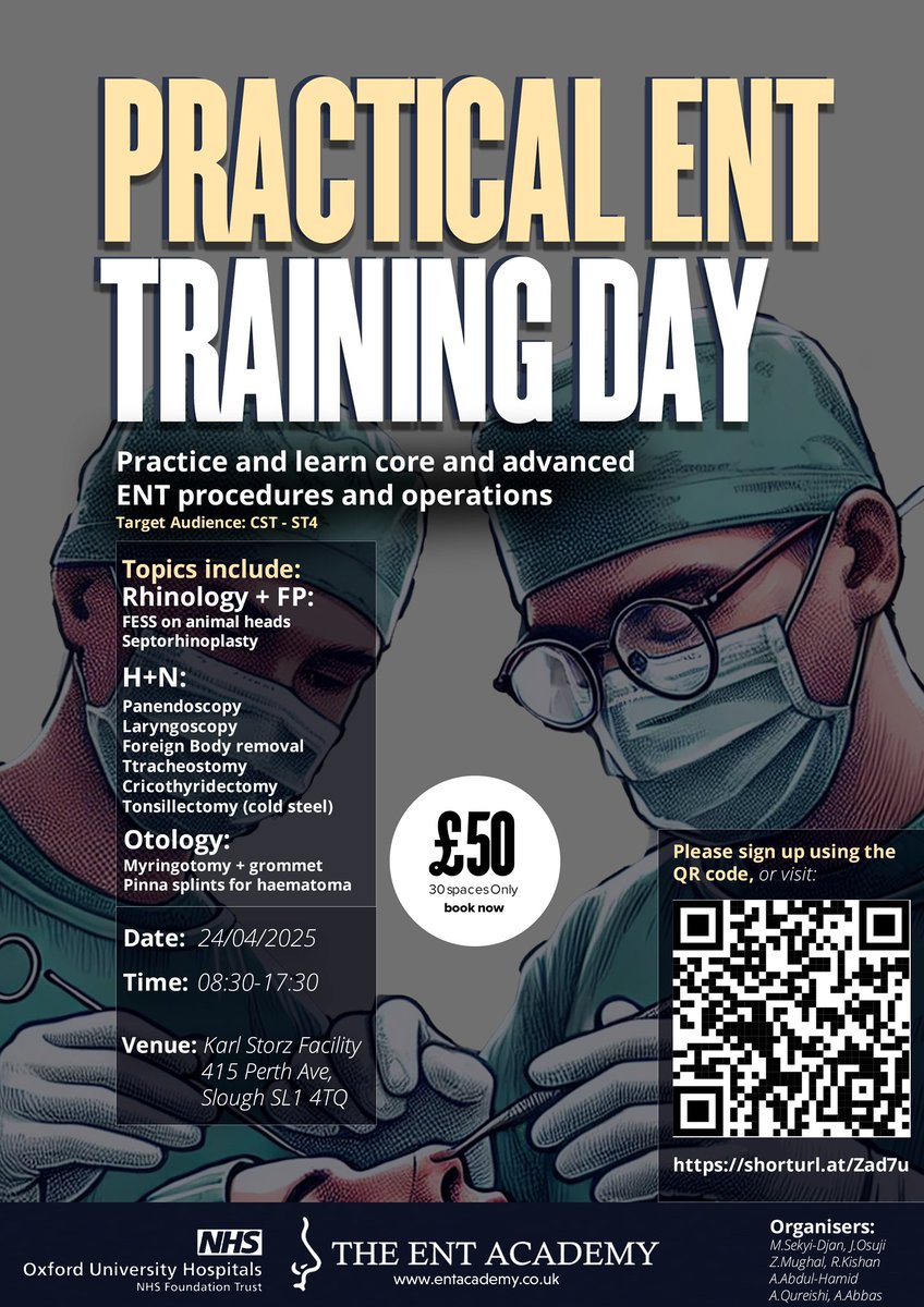 Don’t miss out on this opportunity to practice and strengthen your essential surgical skills and procedures with great tutors from the Oxford ENT team! 🤓
