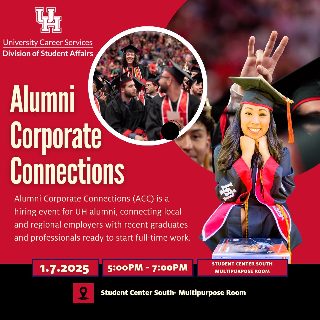 #Employers &amp; #recruiters!📣Looking to hire from all UH alum? Employer registration is still open for our upcoming Alumni Corporate Connections Career Mixer on Tuesday, January 7, 2025, from 5 pm to 7 pm CST,  Visit bit.ly/ACCSpring25 for more info.