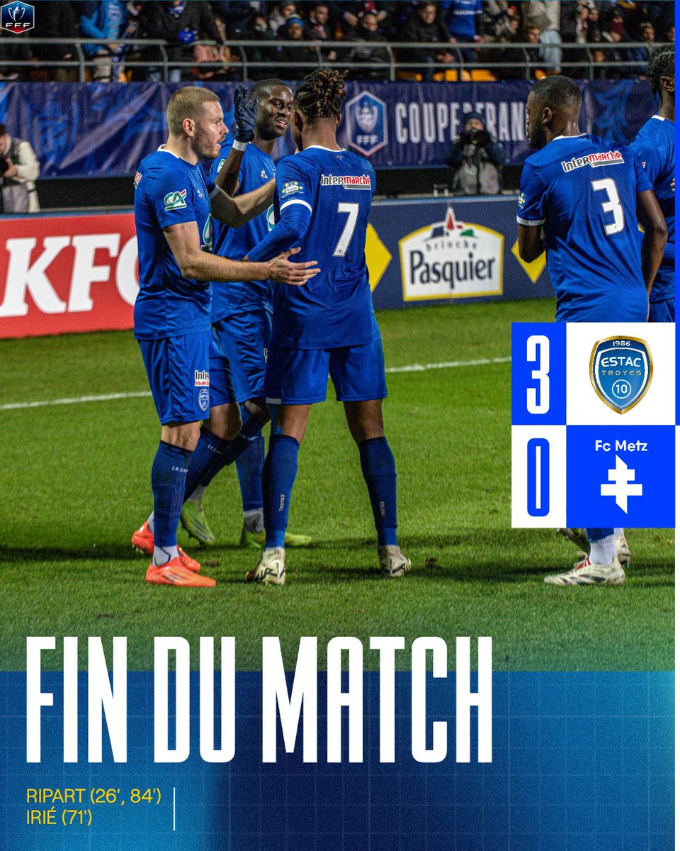estac_officiel's tweet photo. 𝐋'𝐄𝐒𝐓𝐀𝐂 𝐟𝐢𝐥𝐞 𝐞𝐧 𝟏𝟔𝐞𝐬 𝐝𝐞 𝐟𝐢𝐧𝐚𝐥𝐞 😍

Grâce à un doublé de Ripart et un but d’Irié, nos Bleu et Blanc s’imposent face au FC Metz et poursuivent leur aventure en @coupedefrance. 🏆

Une fin d’année de haut niveau 🔥💪

#ESTACFCM 3️⃣-0️⃣ https://t.co/QvjJNnTrgI