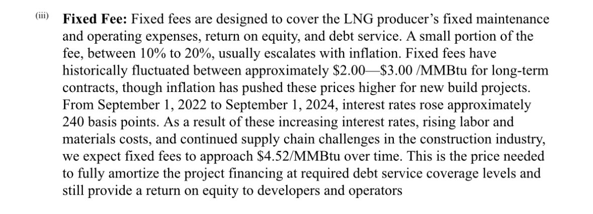 Venture Global believes LNG fees will approach $4.52/MMBtu over time from $2-$3 historically. 

“This is the price needed to fully amortize the project financing at required debt service coverage levels and still provide a return on equity to developers and operators.”