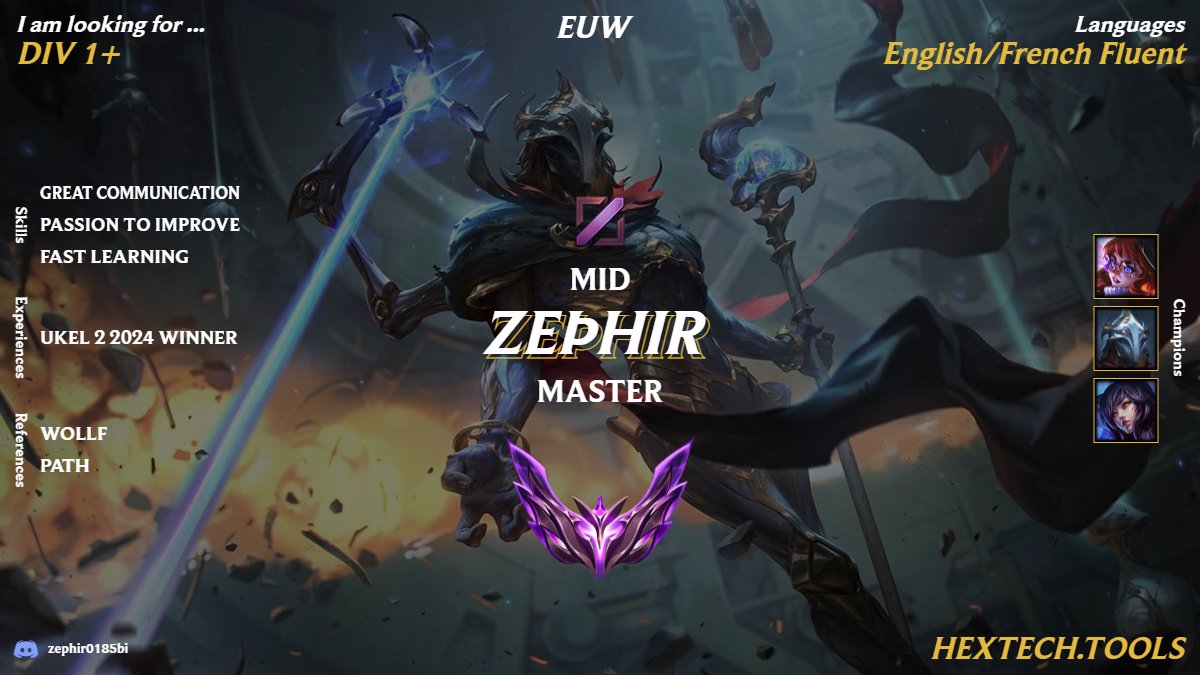 LFT - Hi,

I am an aspiring professional player UKEL Div 2 champion and extremely motivated.

LFT for upcoming split considering all ERL's and UKEL Div 1+ offers.

I have match VODs available upon request and have references for more information.

Likes &amp; RT appreciated :)